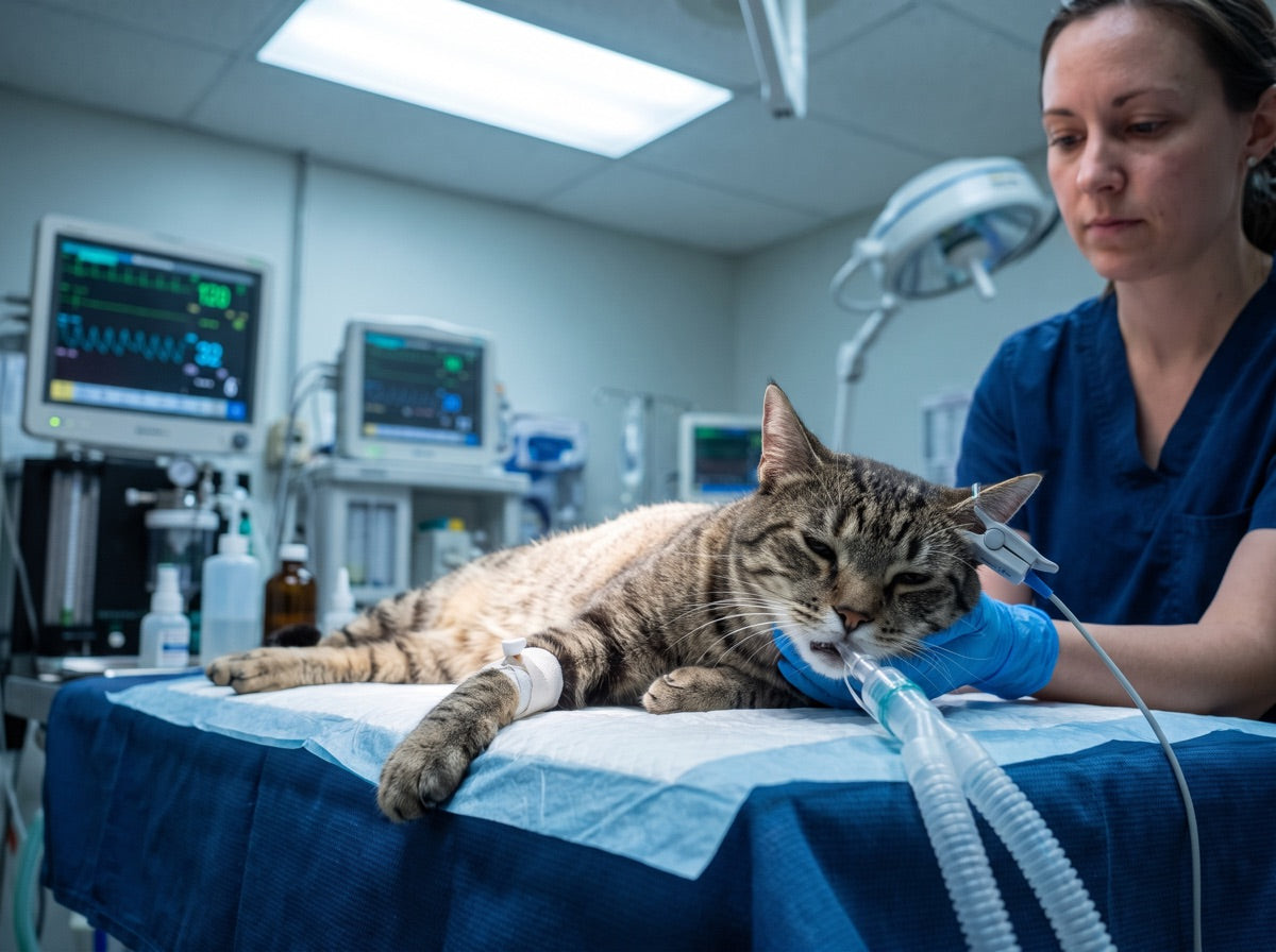 A cat lying on a padded veterinary table under general anesthesia for a dental procedure, with a breathing tube taped in place, an IV catheter on the front leg and monitoring equipment running in the background.