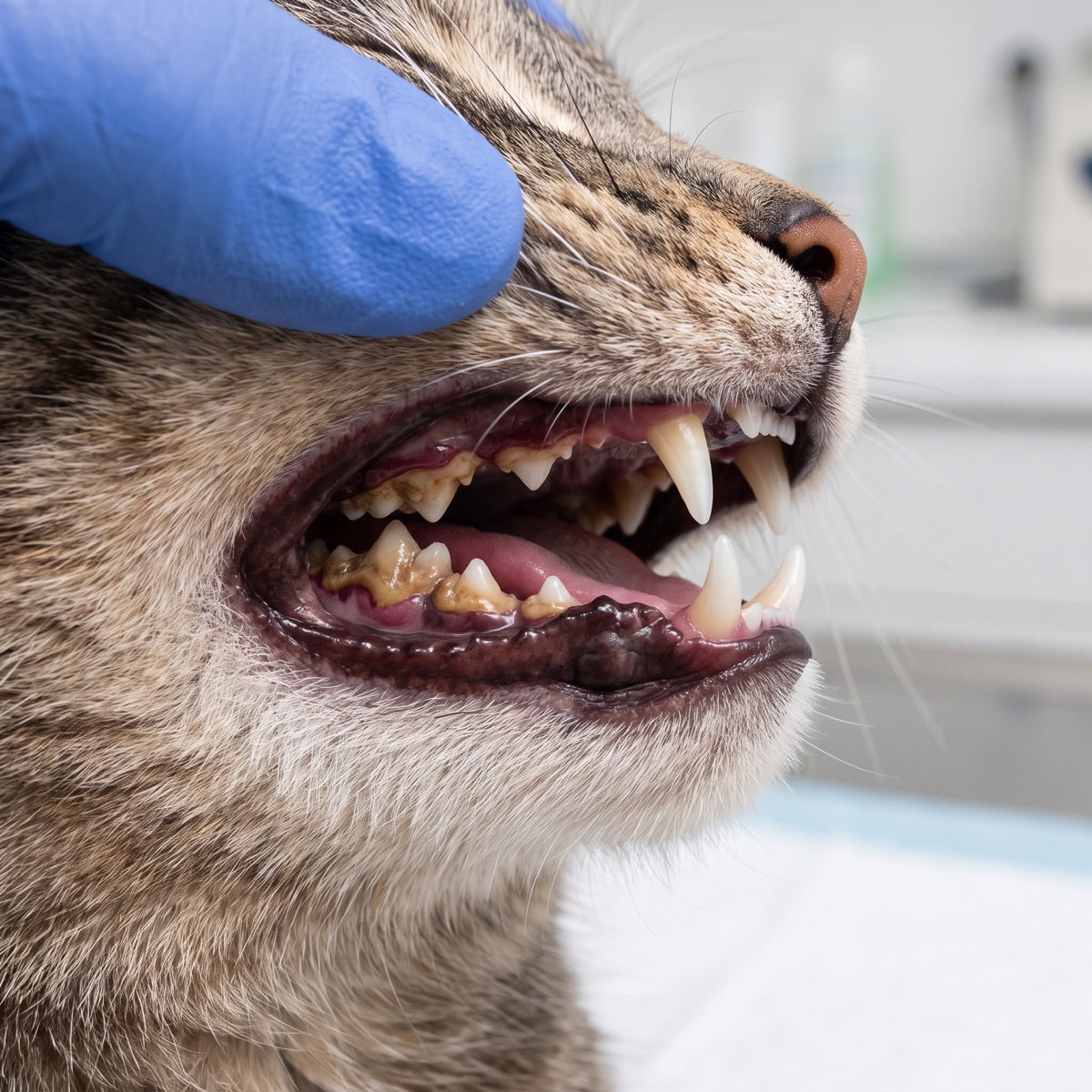 Close clinical view of an adult cat's open mouth. The front teeth and canines look relatively clean while the rear premolars and molars carry heavy brown tartar along an inflamed red gumline.