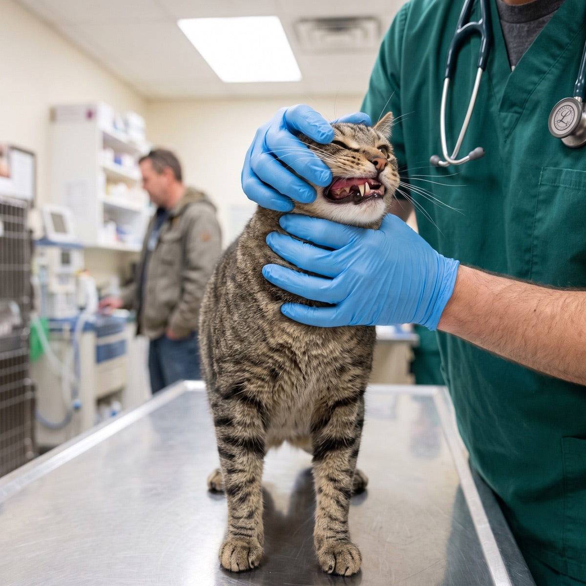 A veterinarian in green scrubs gently opening a tabby cat's mouth on a stainless steel exam table to check the rear teeth and gumline, with the owner standing in the background of the clinic room.