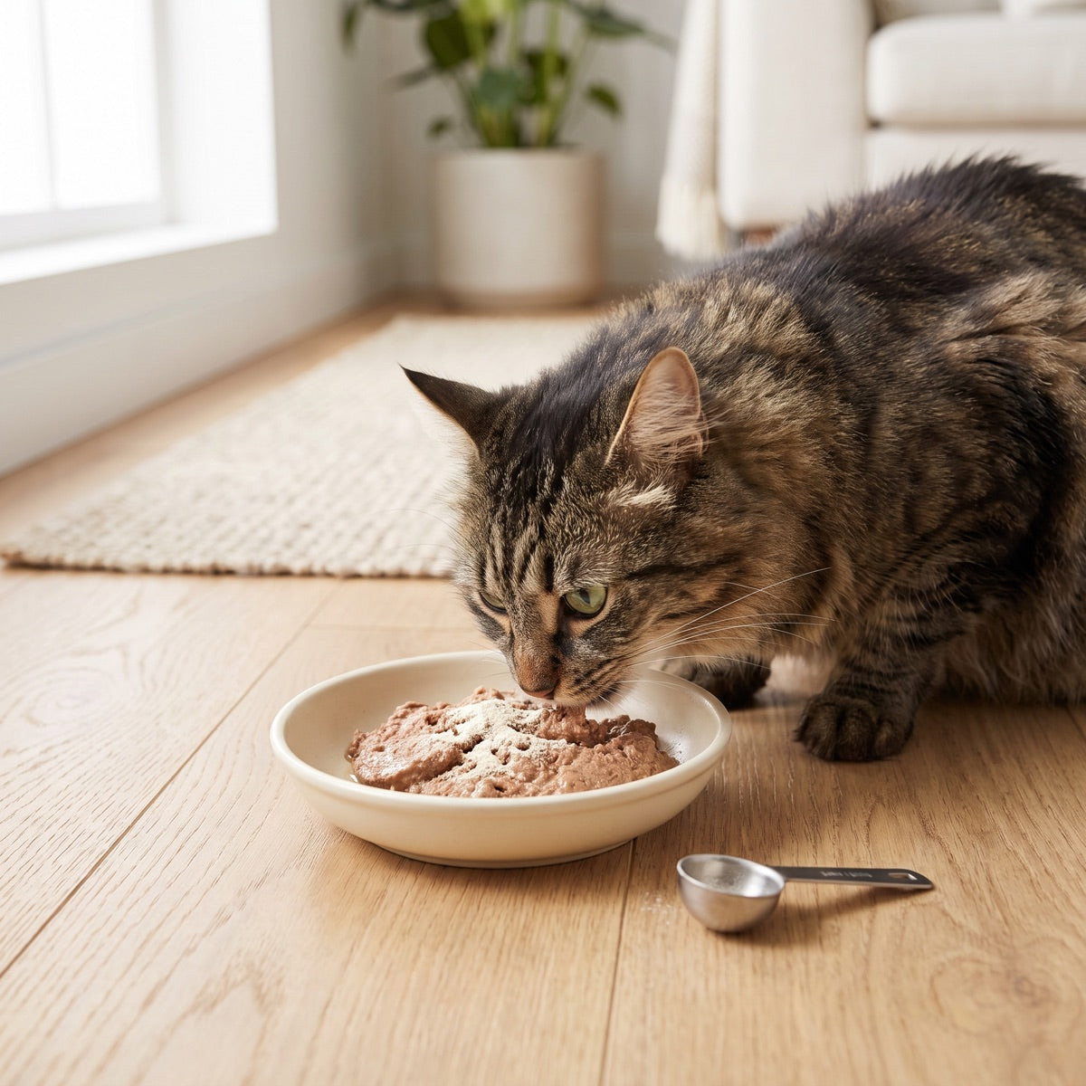 A tabby cat eating wet food from a cream ceramic bowl with a fine off-white dental powder sprinkled over the top, a small measuring scoop resting on the floor beside the bowl.