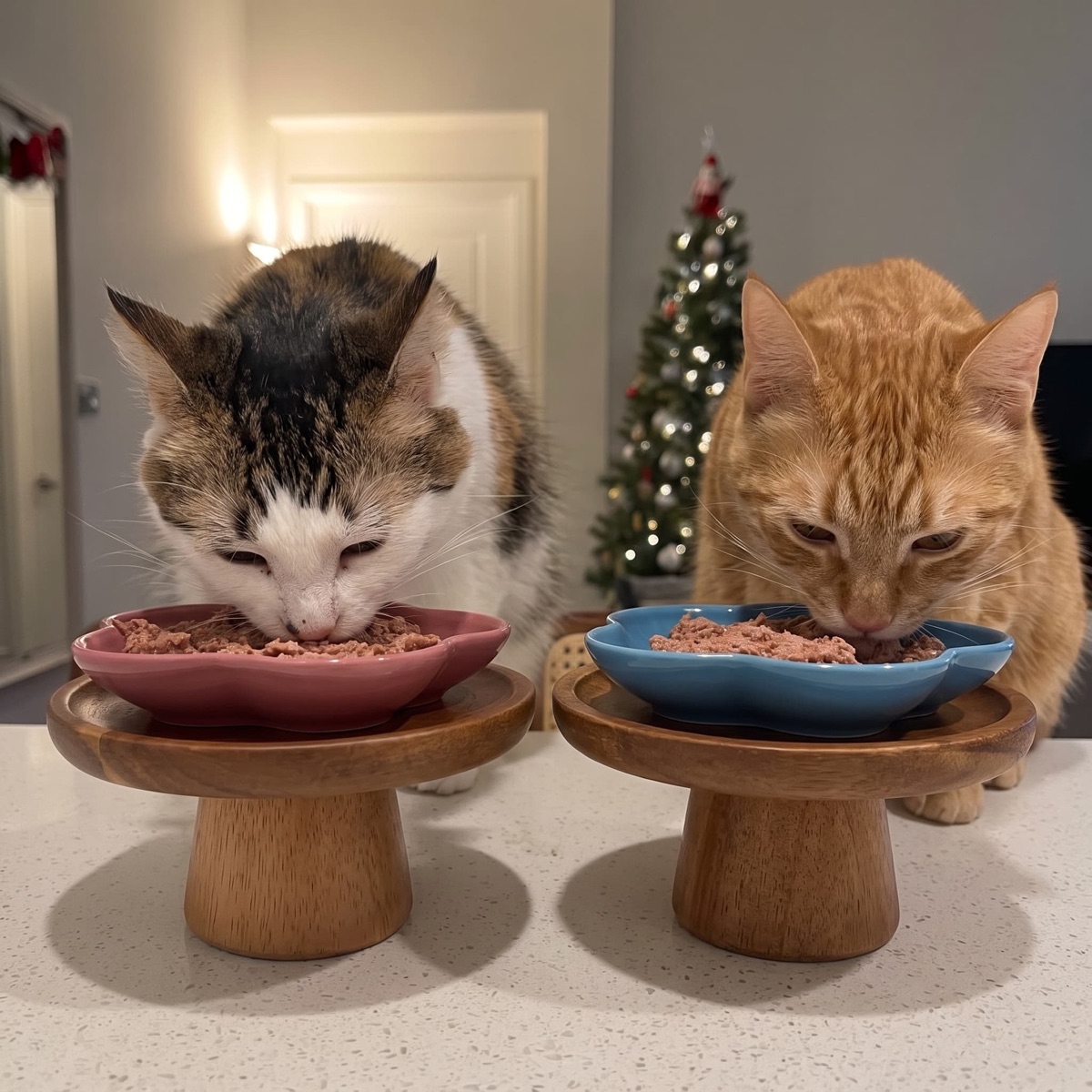 Two cats, a tabby and white cat and an orange tabby, eating side by side from raised ceramic bowls on a kitchen counter.