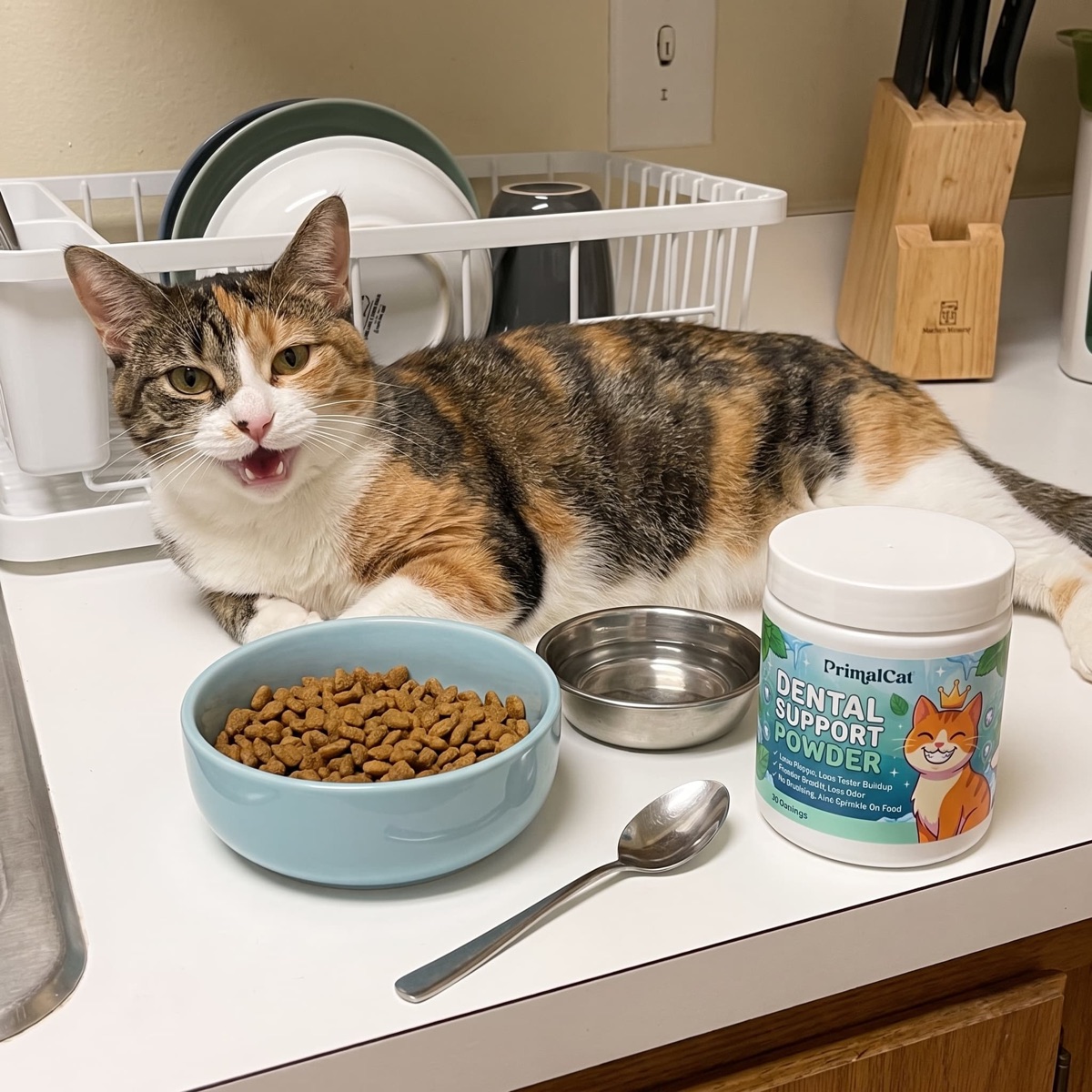 A calico cat lying on a kitchen counter next to her food bowl, a spoon and a tub of PrimalCat Dental Support Powder.