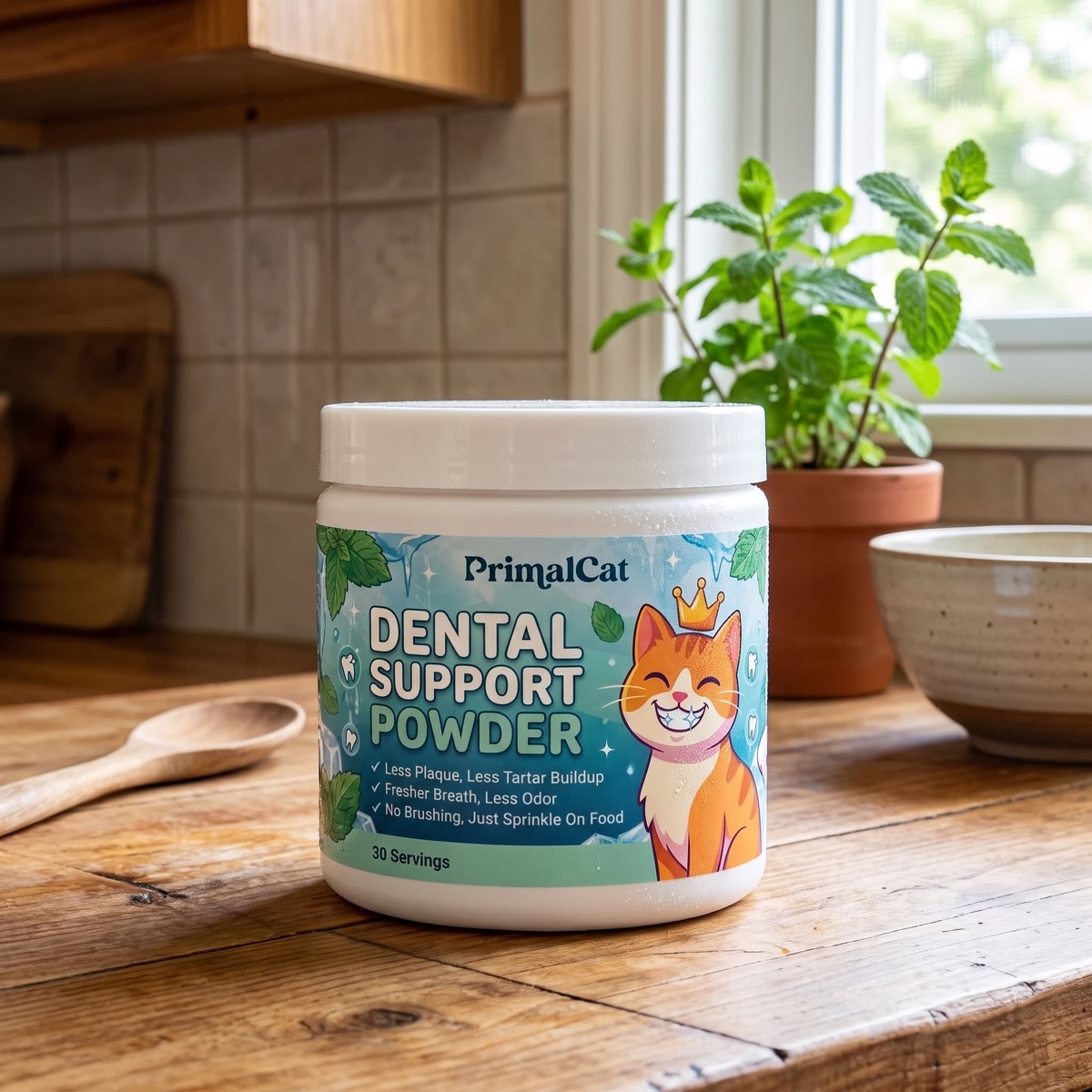 The PrimalCat Dental Support Powder tub on a wooden kitchen counter.